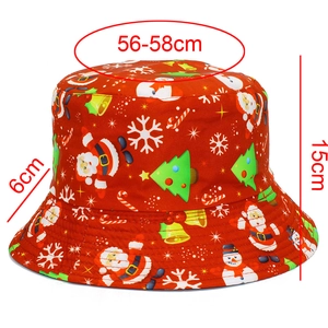 Christmas bucket hat size guide showing 56-58cm circumference and 15cm height dimensions