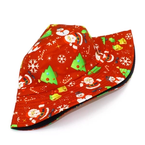 Detailed view of red Christmas bucket hat featuring festive Santa and snowman prints