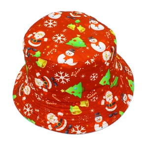 Close-up of festive red bucket hat featuring Santa, snowman, and Christmas tree prints