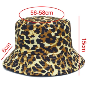 Leopard print bucket hat measurements showing 56-58cm circumference and 6cm brim width