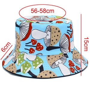 Detailed sizing chart for colorful mushroom print bucket hat with 56-58cm head girth