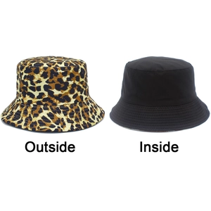 Detail showing the reversible bucket hat with leopard print and black cotton fabric