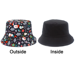 Double-sided bucket hat featuring Christmas prints and a solid black interior view