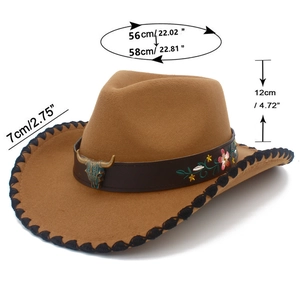 Brown wool cowboy hat featuring leather band with bull head metal and floral embroidery