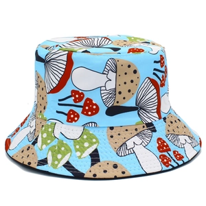 Sky blue bucket hat with colorful mushroom patterns for outdoor casual sun protection