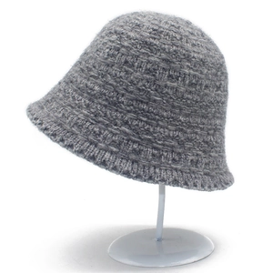 Classic grey thick knit bucket hat for women featuring a retro textured cloche style