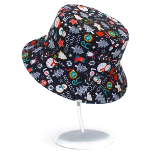 Close-up of black bucket hat featuring festive Santa Claus and snowman prints