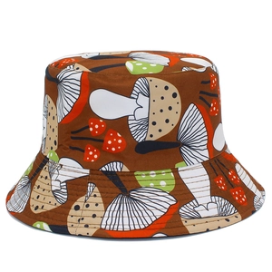 Dark brown bucket hat with colorful mushroom patterns and wide sun protection brim