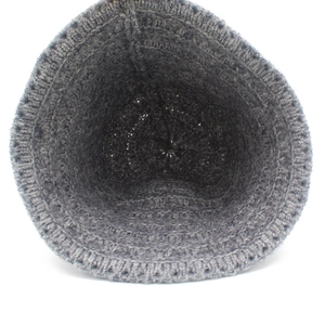 Detailed interior view of gray knitted bucket hat showing thick wool texture and stitching