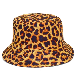 Fashionable leopard print bucket hat with a flat top and reinforced stitched brim