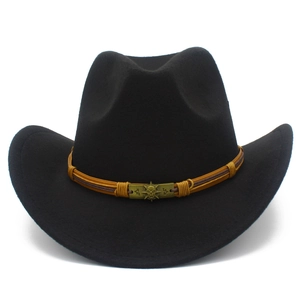 Detail of wool felt cowboy hat featuring a pirate skull emblem on a leather band