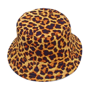 Close-up of leopard print bucket hat featuring durable fabric and reinforced stitched brim