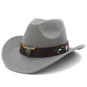 Gray wool felt cowboy hat with bull skull metal buckle and floral embroidery details