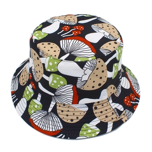 Detailed pattern of colorful mushroom illustrations on a black bucket hat surface