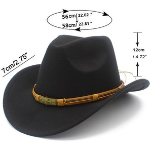 Detailed size specifications of wool felt jazz hat with pirate style metal badge belt