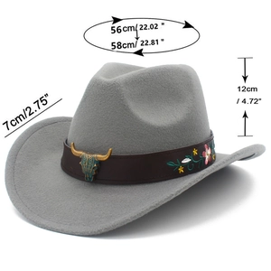 Detail of wool western hat with bull head buckle, ethnic embroidery, and size measurements