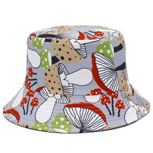 Unisex foldable bucket hat with colorful cartoon mushroom patterns on light grey cotton