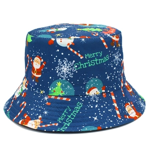 Cappello da Pescatore Reversibile di Natale per Uomo Donna Blu Scuro Babbo Natale Pupazzo di Neve Stampa Cotone Cappello da Sole Festa All'aperto