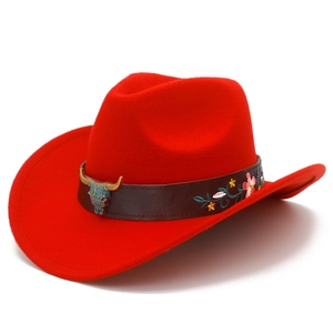 Red Western cowboy wool felt hat with bronze bull head buckle and floral embroidery details