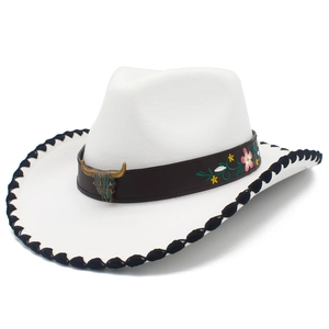 Ethnic Western Cowboy Hat With Bull Head Metal Decor And Floral Embroidery Wide Brim Felt Knight Hat For Women Men