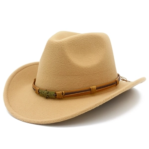 Detail of wool fedora with leather band and metal skull star ornament in camel