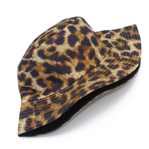 Close-up detail of leopard print bucket hat with reinforced stitching on the brim