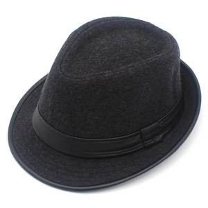 Cappello fedora grigio da uomo in lana con fascia in pelle pieghettata stile classico
