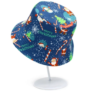 Cappello a secchiello blu scuro di Natale con Babbo Natale e pupazzo di neve per esterno