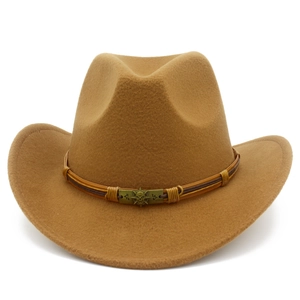 Detail of western fedora with woven leather band and bronze skull metal buckle accent