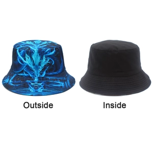 Détail du chapeau bob réversible montrant l'imprimé dragon et le côté noir uni