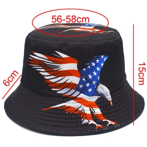 Detail view of the black bucket hat showing American flag eagle print and 56-58cm size dimensions