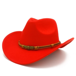 Red wool felt cowboy hat with brown leather band and bronze skull metal plaque