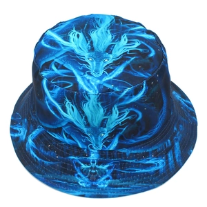 Chapeau bob style ethnique avec imprimé dragon bleu clair et large bord pour protection solaire