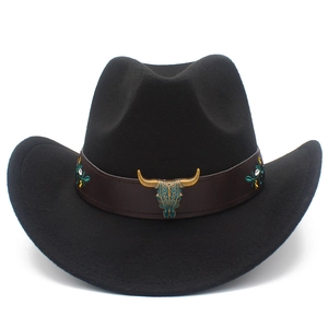 Western Cowboy Hat For Women Men Bull Head Metal Decor Ethnic Floral Embroidery Felt Fedora Jazz Hat Outdoor Sun Hat
