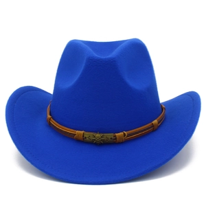 Close-up of wool felt jazz hat with woven leather band and bronze skull metal buckle