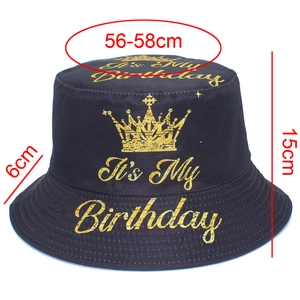 Close-up of black birthday bucket hat showing 56-58cm circumference and crown detail