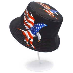Unisex black bucket hat featuring American flag eagle print for outdoor sun protection