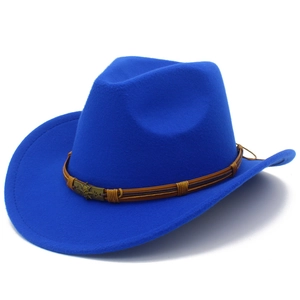 Royal blue wool felt cowboy jazz hat with braided leather band and metal skull accent