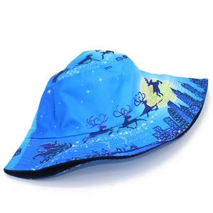 Blue reversible bucket hat with Christmas elk print and night city skyline pattern