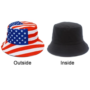 Detail showing the reversible design of the bucket hat with American flag and black side