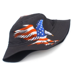 Unisex black bucket hat with American flag eagle print for outdoor sun protection
