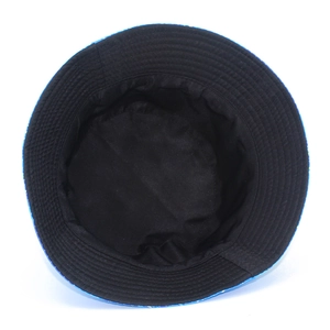 Blue tie-dye reversible bucket hat with black inner lining and moose print for outdoor sun protection