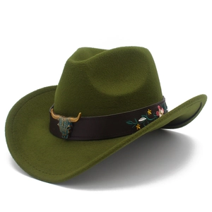 Detail of olive green felt cowboy hat with embroidered flowers and bull head emblem