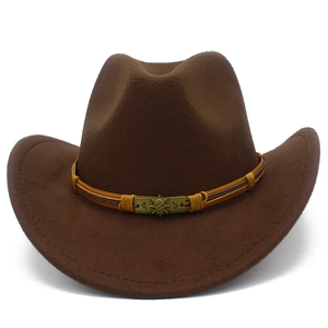 Close-up of brown wool felt jazz hat with braided band and pirate metal buckle detail