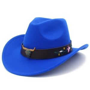 Western cowboy hat in bright blue felt with bull head buckle and floral embroidery details
