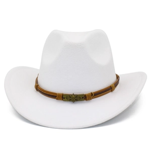 Detail of white wool jazz hat with brown cord band and vintage bronze pirate metal badge