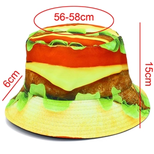Detailed size chart for hamburger print bucket hat: 56-58cm circumference and 6cm brim
