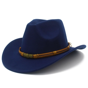 Dark blue wool jazz hat with a vintage metal skull emblem and braided leather band