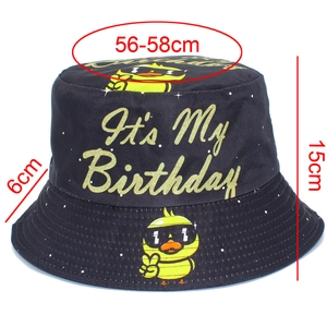 Close-up of birthday bucket hat showing duck graphic and 56-58cm head circumference size