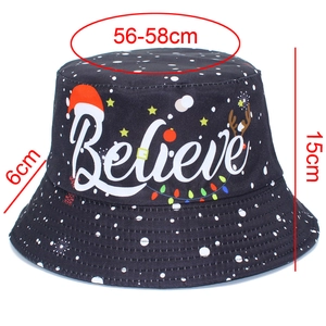 Detailed dimension guide for Christmas bucket hat featuring Believe print and 56-58cm size